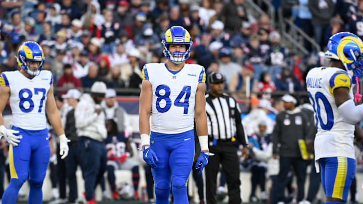 Nov 17, 2024; Foxborough, Massachusetts, USA;  Los Angeles Rams tight end Hunter Long (84) waits for game play to resume during the second half against the New England Patriots at Gillette Stadium. Mandatory Credit: Eric Canha-Imagn Images