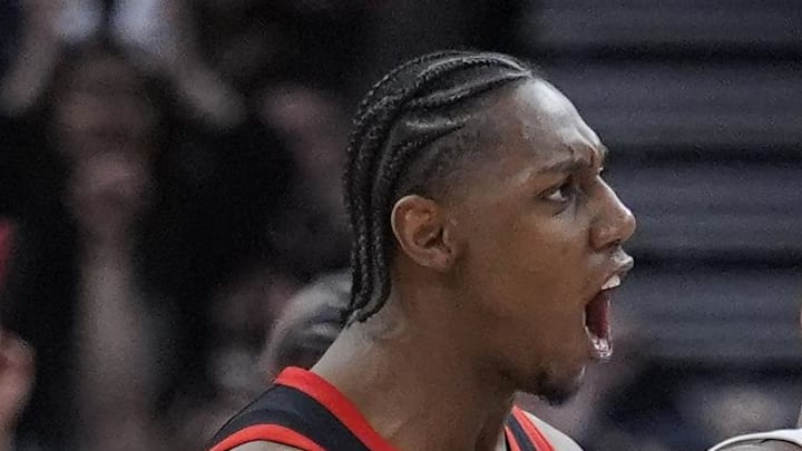 Toronto Raptors forward RJ Barrett celebrates.