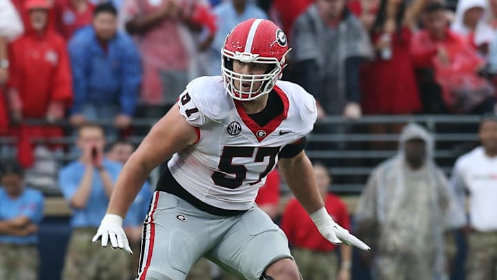 Georgia Bulldogs offensive lineman Monroe Freeling (57) blocks during the first half 