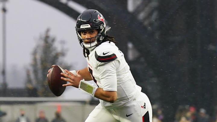 Jan 18, 2026; Foxborough, MA, USA; Houston Texans quarterback C.J. Stroud (7) looks to throw in the second quarter agains the New England Patriots in an AFC Divisional Round game at Gillette Stadium. Mandatory Credit: David Butler II-Imagn Images