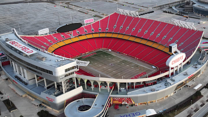 Feb 14, 2024; Kansas City, MO, USA; A general overall aerial view of Arrowhead Stadium (foreground) and Kauffman Stadium at the Truman Sports Complex. Mandatory Credit: Kirby Lee-Imagn Images Feb 14, 2024; Kansas City, MO, USA; A general overall aerial view of Arrowhead Stadium (foreground) and Kauffman Stadium at the Truman Sports Complex. Mandatory Credit: Kirby Lee-Imagn Images