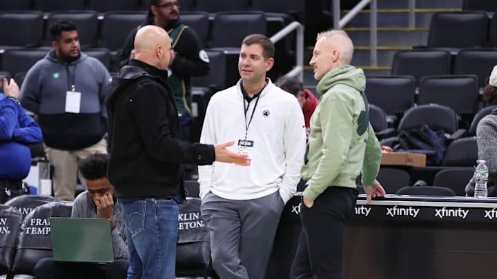 Dec 7, 2024; Boston, Massachusetts, USA; Boston Celtics General manager Brad Stevens talks before a game against the Memphis Grizzlies at TD Garden. Mandatory Credit: Paul Rutherford-Imagn Images
