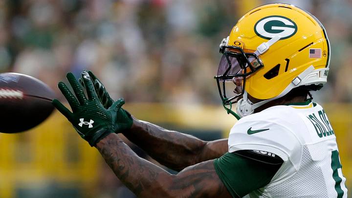 Green Bay Packers wide receiver Matthew Golden catches a pass during Green Bay Packers Family Night.
