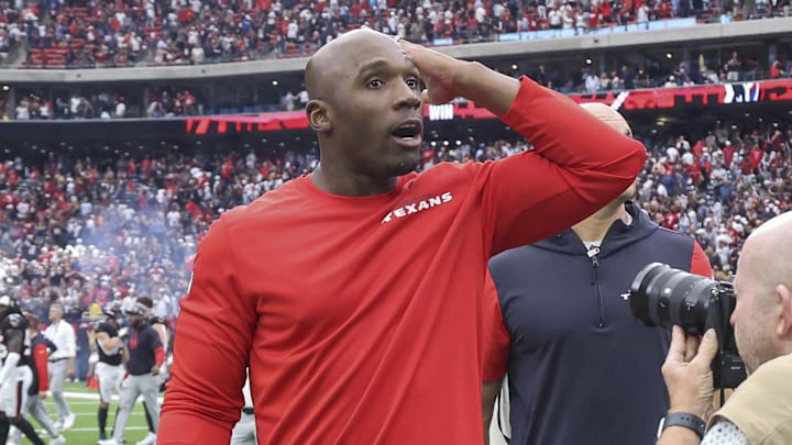 Oct 27, 2024; Houston, Texas, USA; Houston Texans head coach DeMeco Ryans reacts after the game against the Indianapolis Colts at NRG Stadium. Mandatory Credit: Troy Taormina-Imagn Images
