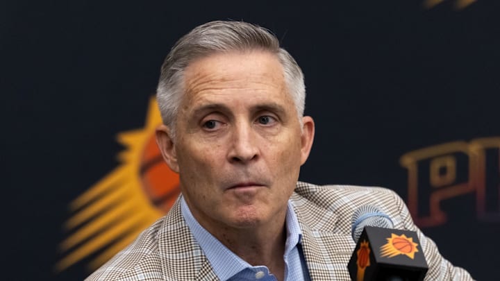 Jun 10, 2025; Scottsdale, AZ, USA; Phoenix Suns general manager Brian Gregory during an introductory press conference at the Verizon 5g Performance Center. Mandatory Credit: Mark J. Rebilas-Imagn Images