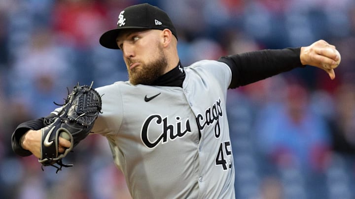 Apr 19, 2024; Philadelphia, Pennsylvania, USA; Chicago White Sox pitcher Garrett Crochet (45) throws a pitch during the first inning against the Philadelphia Phillies at Citizens Bank Park.