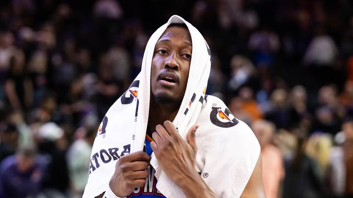 Jan 4, 2026; Phoenix, Arizona, USA; Oklahoma City Thunder guard Jalen Williams (8) reacts against the Phoenix Suns at Mortgage Matchup Center. Mandatory Credit: Mark J. Rebilas-Imagn Images