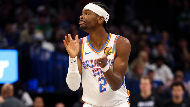 Mar 17, 2026; Orlando, Florida, USA; Oklahoma City Thunder guard Shai Gilgeous-Alexander (2) reacts after making a basket against the Orlando Magic in the fourth quarter at Kia Center. Mandatory Credit: Nathan Ray Seebeck-Imagn Images