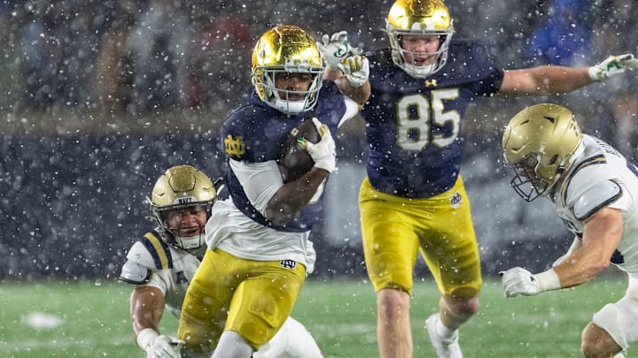 Nov 8, 2025; South Bend, Indiana, USA; Notre Dame Fighting Irish running back Gi'Bran Payne (3) runs the ball against the Navy Midshipmen during the second half at Notre Dame Stadium. Mandatory Credit: Michael Caterina-Imagn Images
