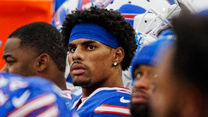 Buffalo Bills wide receiver Keon Coleman (0) watches the play on the Jumbotron during second half action at the Bills home game against the New York Jets at Highmark Stadium in Orchard Park on Dec. 29, 2024.
