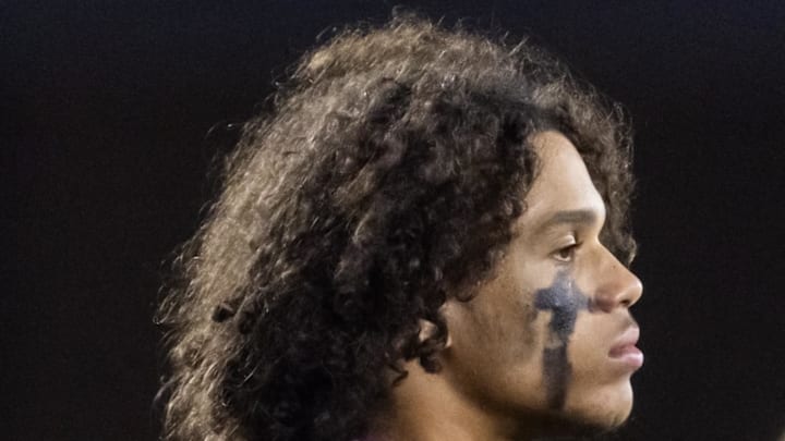Nov 28, 2025; Tempe, Arizona, USA; Arizona State Sun Devils wide receiver Jordyn Tyson (0) reacts against the Arizona Wildcats in the second half during the 99th Territorial Cup at Mountain America Stadium. Mandatory Credit: Mark J. Rebilas-Imagn Images