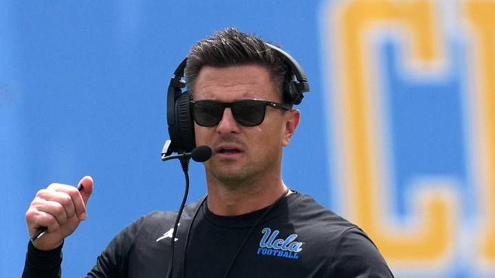 May 2, 2026; Pasadena, CA, USA; UCLA Bruins coach Bob Chesney reacts during the spring game at Rose Bowl. Mandatory Credit: Kirby Lee-Imagn Images May 2, 2026; Pasadena, CA, USA; UCLA Bruins coach Bob Chesney reacts during the spring game at Rose Bowl. Mandatory Credit: Kirby Lee-Imagn Images