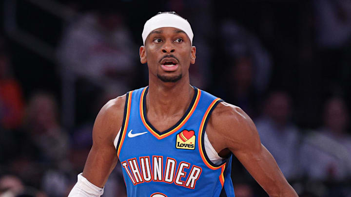 Mar 4, 2026; New York, New York, USA; Oklahoma City Thunder guard Shai Gilgeous-Alexander (2) dribbles up court against the New York Knicks during the first half at Madison Square Garden. Mandatory Credit: Vincent Carchietta-Imagn Images