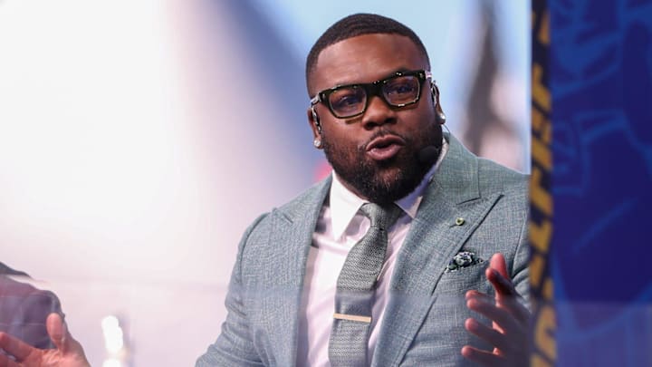 Panelists Brady Quinn (left) and Mark Ingram speak during FOX's Big Noon Kickoff football pregame show at Texas Tech University, Saturday, November 9, 2024 at Jones AT&T Stadium.