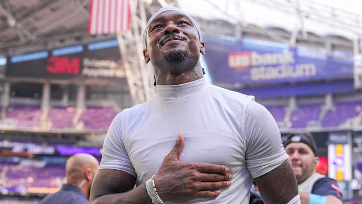Sep 22, 2024; Minneapolis, Minnesota, USA; Houston Texans wide receiver Stefon Diggs (1) acknowledges fans after the game against the Minnesota Vikings at U.S. Bank Stadium. Mandatory Credit: Brad Rempel-Imagn Images