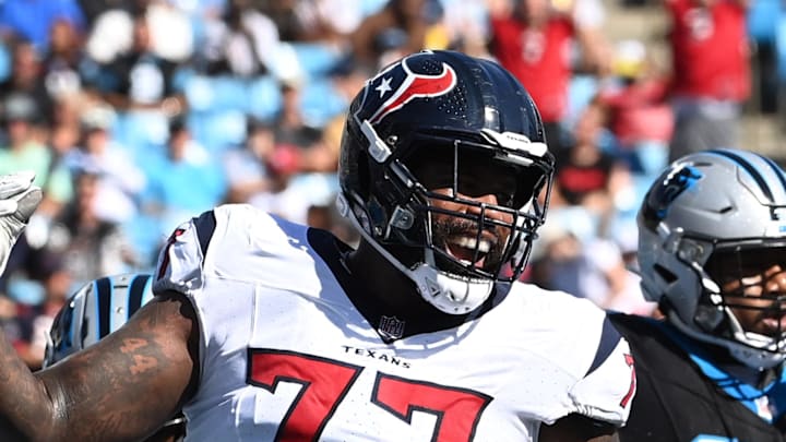 Houston Texans offensive tackle George Fant reacts in the first quarter at Bank of America Stadium.