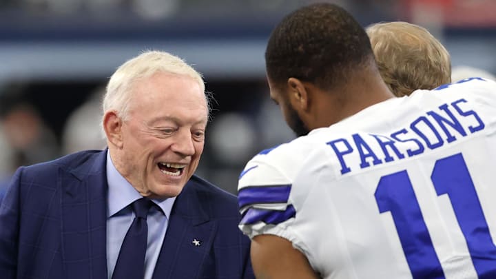 Dallas Cowboys owner Jerry Jones meets with former outside linebacker Micah Parsons (11) Dallas Cowboys owner Jerry Jones meets with former outside linebacker Micah Parsons (11)