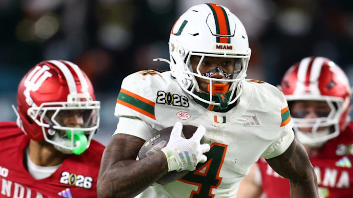 Jan 19, 2026; Miami Gardens, FL, USA; Miami Hurricanes running back Mark Fletcher Jr. (4) rushes for touchdown against the Indiana Hoosiers in the second half during the College Football Playoff National Championship game at Hard Rock Stadium. 