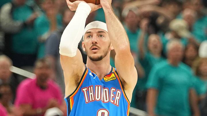 May 22, 2026; San Antonio, Texas, USA; Oklahoma City Thunder guard Alex Caruso (9) shoots the ball against the San Antonio Spurs in the first half during game three of the western conference finals for the 2026 NBA playoffs at Frost Bank Center. Mandatory Credit: Scott Wachter-Imagn Images