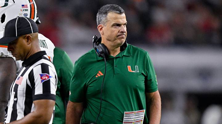 Dec 31, 2025; Arlington, TX, USA; Miami Hurricanes head coach Mario Cristobal looks on during the 2025 Cotton Bowl and quarterfinal game of the College Football Playoff at AT&T Stadium. Mandatory Credit: Jerome Miron-Imagn Images