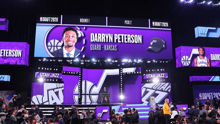 Jun 23, 2026; New York, NY, USA; NBA commissioner Adam Silver announces the second pick in the 2026 NBA draft, Kansas guard Darryn Peterson after he was selected by the Utah Jazz at Barclays Center. Mandatory Credit: Brad Penner-Imagn Images