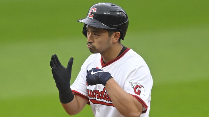 May 13, 2025; Cleveland, Ohio, USA; Cleveland Guardians left fielder Steven Kwan (38) celebrates his double in the third inning against the Milwaukee Brewers at Progressive Field. Mandatory Credit: David Richard-Imagn Images May 13, 2025; Cleveland, Ohio, USA; Cleveland Guardians left fielder Steven Kwan (38) celebrates his double in the third inning against the Milwaukee Brewers at Progressive Field. Mandatory Credit: David Richard-Imagn Images