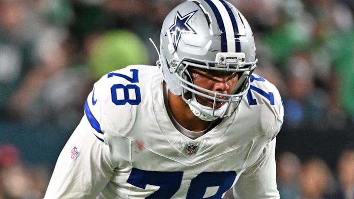 Sep 4, 2025; Philadelphia, Pennsylvania, USA; Dallas Cowboys offensive tackle Terence Steele (78) against the Philadelphia Eagles at Lincoln Financial Field.