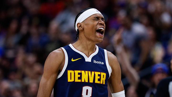 Mar 25, 2026; Denver, Colorado, USA; Denver Nuggets guard Peyton Watson (8) reacts after a play in the fourth quarter against the Dallas Mavericks at Ball Arena. Mandatory Credit: Isaiah J. Downing-Imagn Images