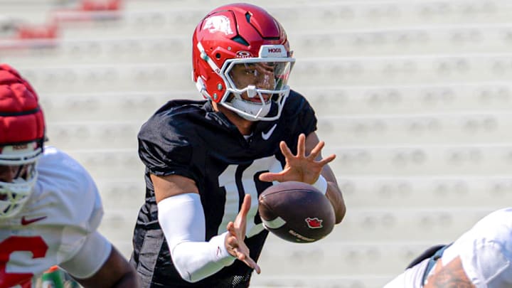 Arkansas Razorbacks quarterback Taylen Green during spring practice drills inside Razorback Stadium in Fayetteville, Ark.