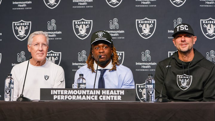Las Vegas Raiders Pete Carroll,Ashton Jeanty, and John Spytek
