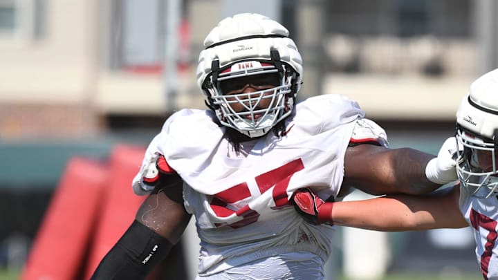 Alabama offensive lineman Elijah Pritchett takes part in a preseason practice on Aug. 13, 2024. Alabama offensive lineman Elijah Pritchett takes part in a preseason practice on Aug. 13, 2024.