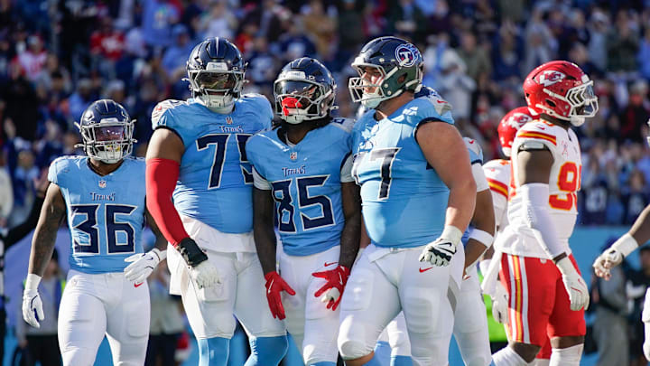 Tennessee Titans tight end Chig Okonkwo (85) celebrates his touchdown during the second quarter against the Kansas City Chiefs at Nissan Stadium in Nashville, Tenn., Sunday, Dec. 21, 2025.