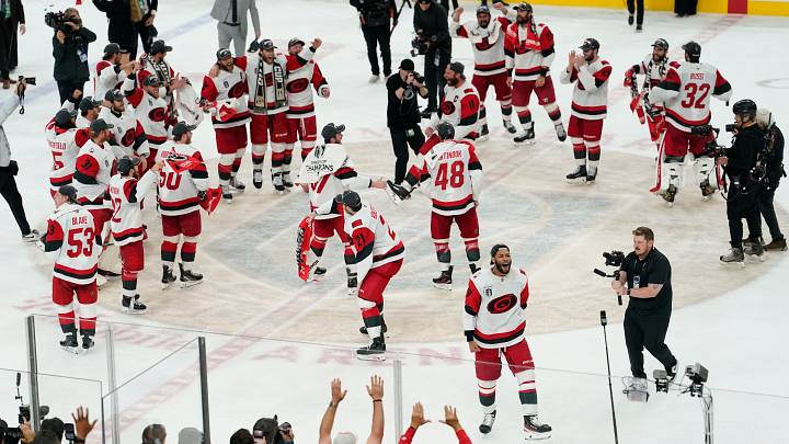 Jun 14, 2026; Las Vegas, Nevada, USA; The Carolina Hurricanes celebrate defeating the Vegas Golden Knights in game six of the 2026 Stanley Cup Final at T-Mobile Arena. Mandatory Credit: Lucas Peltier-Imagn Images Jun 14, 2026; Las Vegas, Nevada, USA; The Carolina Hurricanes celebrate defeating the Vegas Golden Knights in game six of the 2026 Stanley Cup Final at T-Mobile Arena. Mandatory Credit: Lucas Peltier-Imagn Images