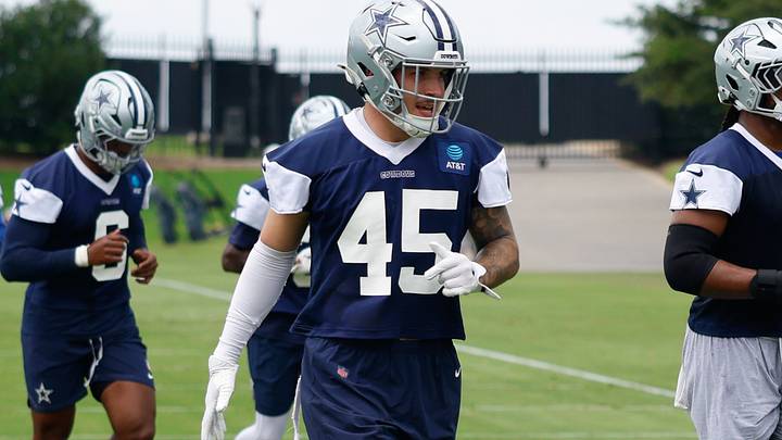 Dallas Cowboys linebacker Justin Barron goes through a drill during practice at the Ford Center.