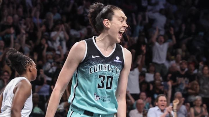 Jul 8, 2025; Brooklyn, New York, USA;  New York Liberty forward Breanna Stewart (30) celebrates in the third quarter against the Las Vegas Aces at Barclays Center. Mandatory Credit: Wendell Cruz-Imagn Images