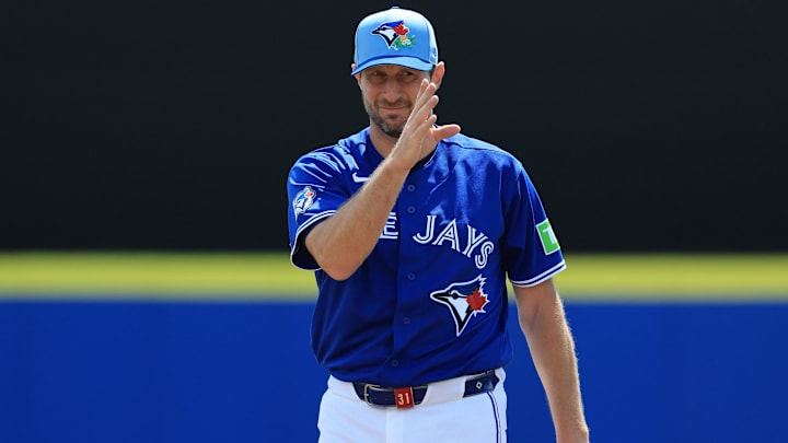 Mar 14, 2026; Dunedin, Florida, USA;  Toronto Blue Jays starting pitcher Max Scherzer (31) on the mound during the first inning against the Detroit Tigers at TD Ballpark. Mandatory Credit: Kim Klement Neitzel-Imagn Images