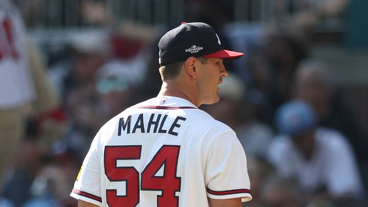 Sep 30, 2026; Cumberland, Georgia, USA;  Atlanta Braves pitcher Tyler Mahle (54) returns to the dugout after pitching against the Philadelphia Phillies in the sixth inning during game two of the Wildcard round for the 2026 MLB Playoffs at Truist Park.  Mandatory Credit: Brett Davis-Imagn Images