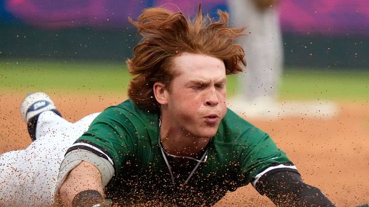 June 4, 2025; North Augusta, South Carolina, USA; Augusta GreenJacket outfielder Owen Carey (24) slides into third base during the second game of the Augusta GreenJacket and Fayetteville series at SRP Park. Mandatory Credit: Katie Goodale - Augusta Chronicle/USA TODAY NETWORK June 4, 2025; North Augusta, South Carolina, USA; Augusta GreenJacket outfielder Owen Carey (24) slides into third base during the second game of the Augusta GreenJacket and Fayetteville series at SRP Park. Mandatory Credit: Katie Goodale - Augusta Chronicle/USA TODAY NETWORK