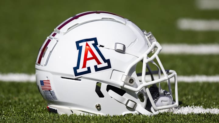 Nov 25, 2022; Tucson, Arizona, USA; Detailed view of an Arizona Wildcats helmet on the field during the Territorial Cup at Arizona Stadium. Mandatory Credit: Mark J. Rebilas-Imagn Images