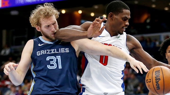 Nov 3, 2025; Memphis, Tennessee, USA; Memphis Grizzlies center Jock Landale (31) and Detroit Pistons center Jalen Duren (0): Petre Thomas-Imagn Images