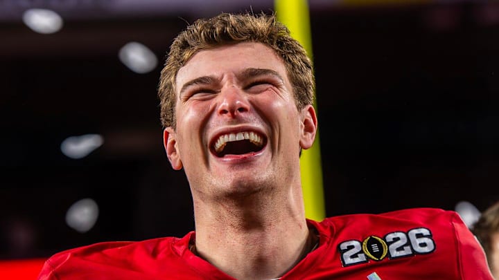 Former Indiana QB Fernando Mendoza smiles as he celebrates after the College Football Playoff National Championship.