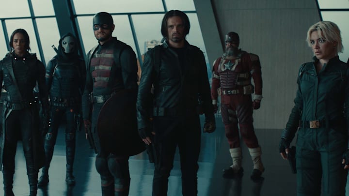 (L-R): Ghost (Hannah John-Kamen), Taskmaster (Olga Kurylenko), John Walker (Wyatt Russell), Bucky Barnes (Sebastian Stan), Alexei Shostakov/Red Guardian (David Harbour), and Yelena Belova (Florence Pugh) in Marvel Studios' THUNDERBOLTS*. Photo courtesy of Marvel Studios. © 2024 MARVEL.