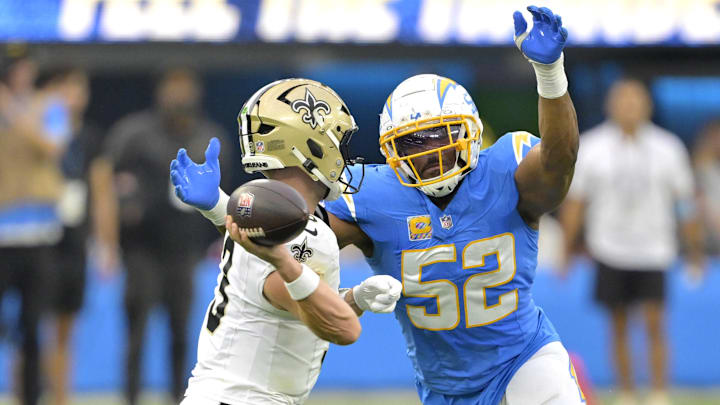 Chargers edge rusher and former Bear Khalil Mack pressures Saints quarterback Jake Haener during the 2024 season.