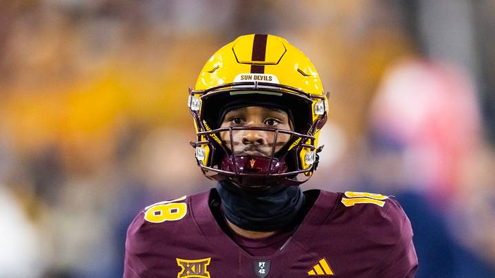 Nov 28, 2025; Tempe, Arizona, USA; Arizona State Sun Devils wide receiver Jalen Moss (18) against the Arizona Wildcats during the 99th Territorial Cup at Mountain America Stadium. Mandatory Credit: Mark J. Rebilas-Imagn Images