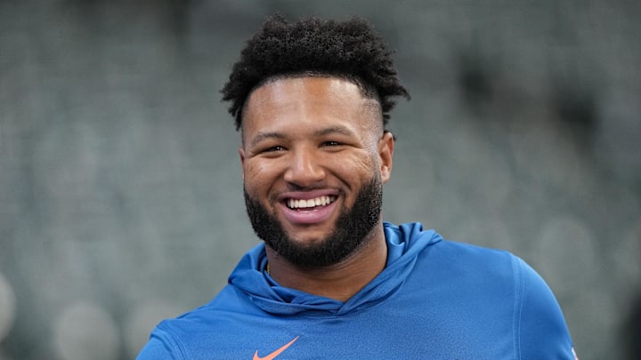 Apr 12, 2026; Milwaukee, Wisconsin, USA;  Milwaukee Brewers outfielder Jackson Chourio (11) looks on prior to the game against the Washington Nationals at American Family Field. Mandatory Credit: Jeff Hanisch-Imagn Images