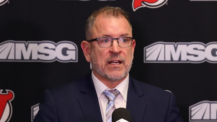 Nov 30, 2021; Newark, New Jersey, USA; New Jersey Devils executive vice president/general managerTom Fitzgerald, addresses the media about the contract extension of New Jersey Devils center Jack Hughes (86) before the start of the game against the San Jose Sharks at Prudential Center. Mandatory Credit: Tom Horak-Imagn Images