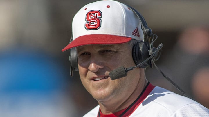 Jun 8, 2013; Raleigh, NC, USA; North Carolina State Wolfpack head coach Elliott Avent talks during a interview between innings in the game against the Rice Owls in the game against the Rice Owls in the Raleigh super regional of the 2013 NCAA baseball tournament at Doak Field. North Carolina State defeated Rice 4-3. Mandatory Credit: Jeremy Brevard-Imagn Images