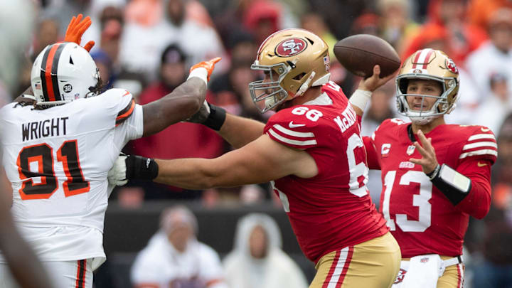 San Francisco 49ers quarterback Brock Purdy (13) and right tackle Colton McKivitz (68) San Francisco 49ers quarterback Brock Purdy (13) and right tackle Colton McKivitz (68)