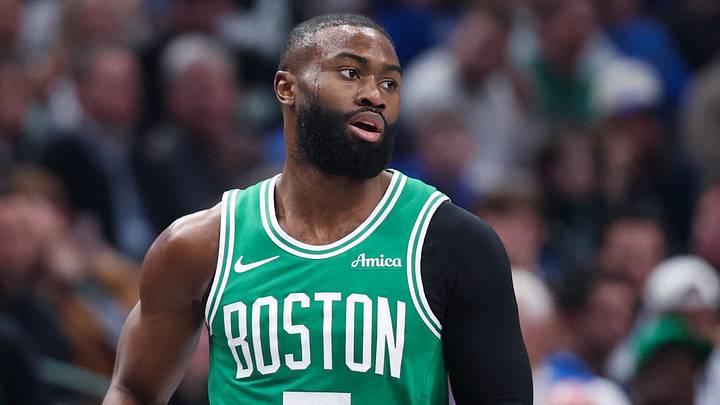 Boston Celtics guard Jaylen Brown (7) reacts against the Dallas Mavericks during the first quarter at American Airlines Center. 