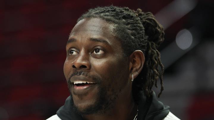 Jan 11, 2026; Portland, Oregon, USA; Portland Trail Blazers guard Jrue Holiday (5) reacts while shooting the ball during warm ups before playing against the New York Knicks at Moda Center. Mandatory Credit: Jaime Valdez-Imagn Images